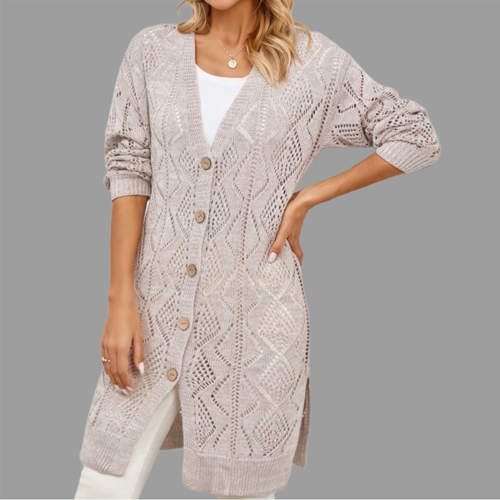 Open Front Pointelle Knit Cardigan